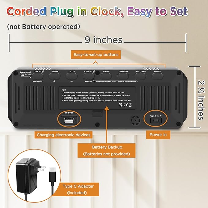 Peakeep Digital Alarm Clock for Bedrooms, Date Day of Week Large Display Numbers 6 Brightness Dimmer, 5 Volume Loud for Heavy Sleepers, 8 RGB Colors Electric Desk Clock Battery Backup, Auto DST-Ruum Studio Home