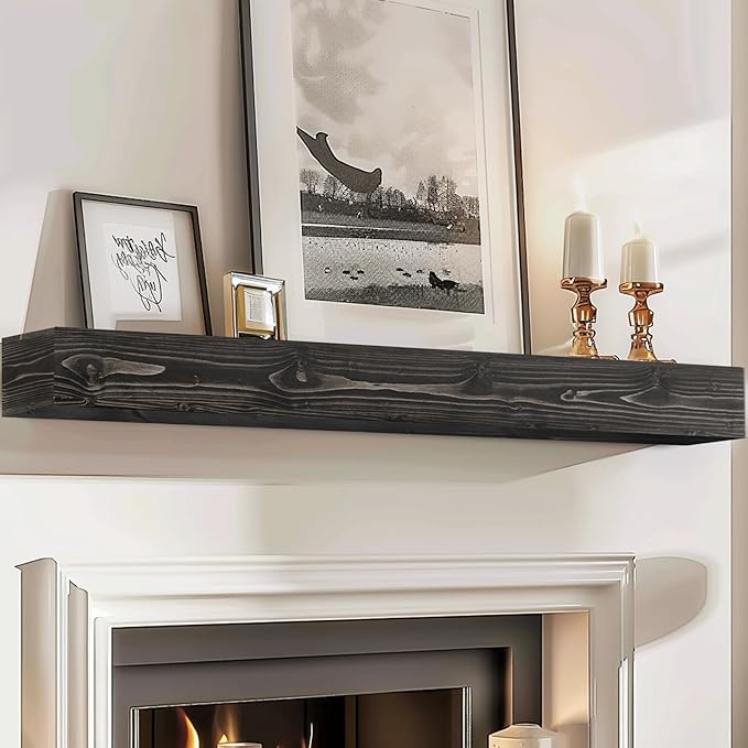 72x8x5 Fireplace Mantel - Handcrafted Hollow Rustic Solid Wood Wall Mounted Floating Shelf with Invisible Heavy Duty Wood Bracket (Weathered Black)-Ruum Studio Home