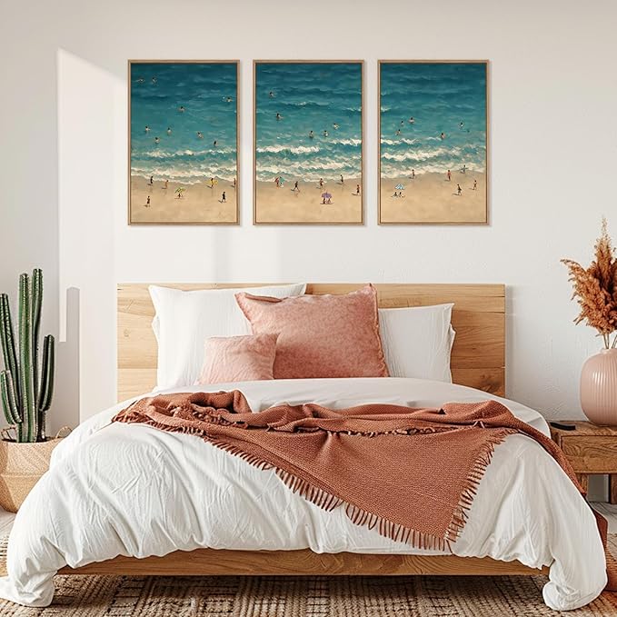 HLNIUC Summer Beach Canvas Wall Art,Modern Minimalist Coastal Landscape Wall Decor Set of 3(16”x24”) Blue Abstract Ocean Wall Painting, Summer Swimming in the Sea Art Print for Living Room,Bathroom-Ruum Studio Home