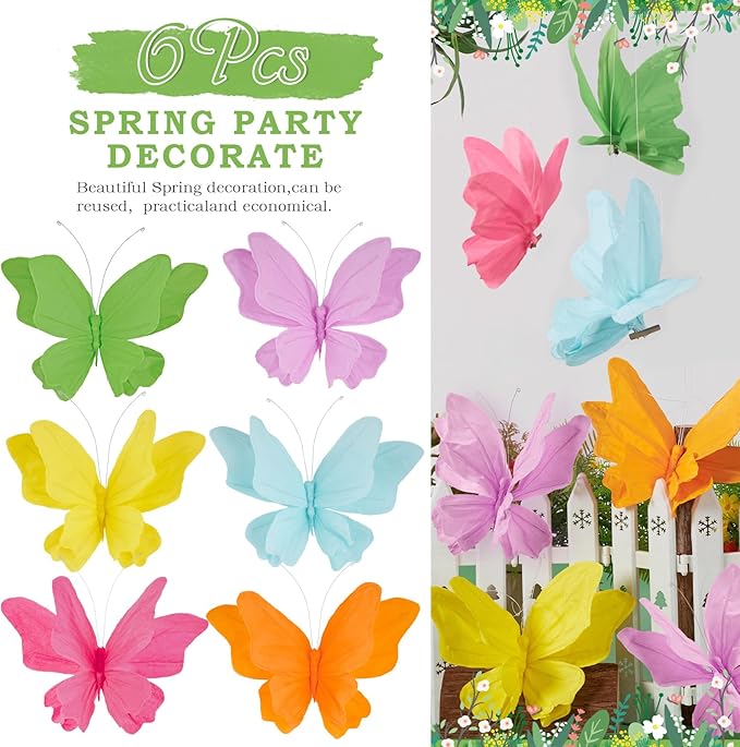SUNBEAUTY 6Pcs Hanging Butterflies, Large Butterfly Decorations, 3D Paper Decoration, Pink Green Blue Orange for Baby Shower Decor Girls, Women, Paper Flowers for Wall-Ruum Studio Home