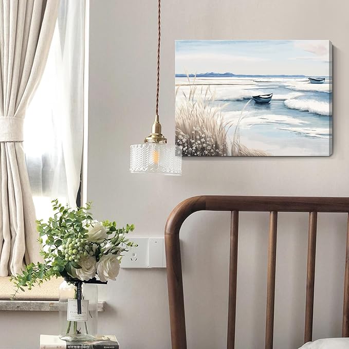 amatop Coastal Wall Art - Nautical Ocean Canvas Print with Light Blue & White Seascape, Boat, Reeds - Beach Picture for Modern Farmhouse, Lake House, Bedroom, Bathroom, Beach-Themed Artwork，16x12-Ruum Studio Home