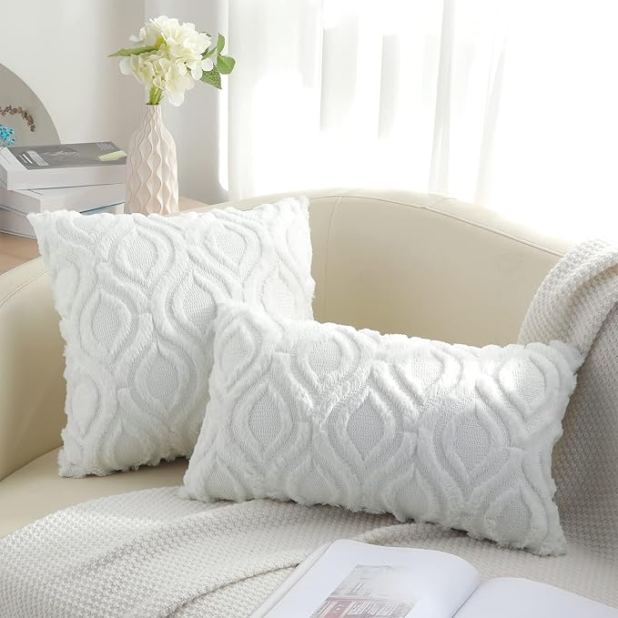 decorUhome Fall Throw Pillow Covers 12x20 Inch Set of 2, Soft Plush Decorative Faux Fur White Solid Couch Pillow Covers, Accent Farmhouse Neutral Lumbar Euro Pillow Cases for Sofa Bed Living Room-Ruum Studio Home