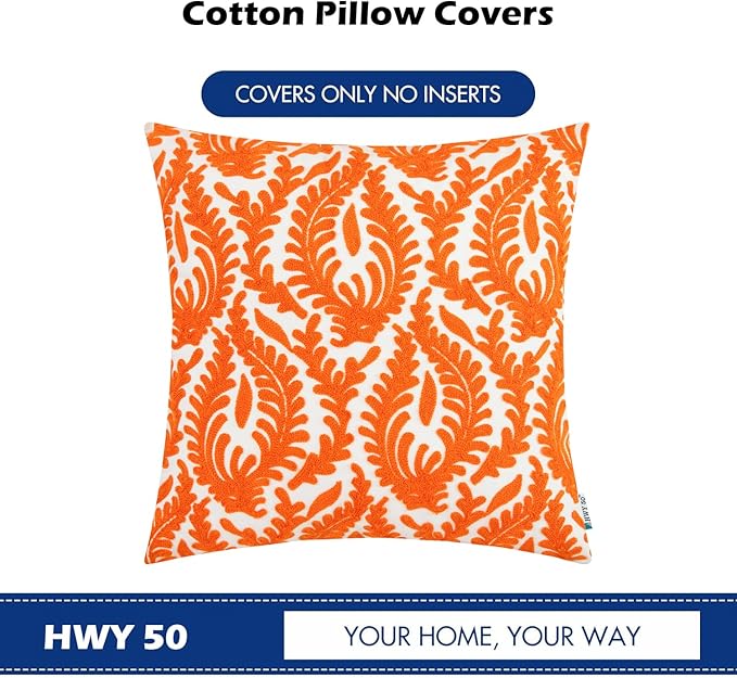 HWY 50 Orange Fall Decorative Throw Pillow Covers 18x18 Inch (1 Piece), Embroidered Cotton Farmhouse Cushion Cover Pillow Case for Sofa Couch Living Room Bed Bedroon, Floral Branches-Ruum Studio Home