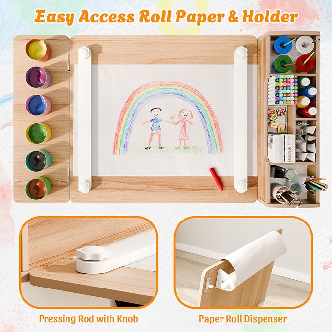 Kids Art Table and Chair - Toddler Craft Table and Chairs Set with 2 Chair & Bins, Kids Activity Desk with Paper Roll for Playrooms & Classroom, 44" L x 24" W, Natural-Ruum Studio Home