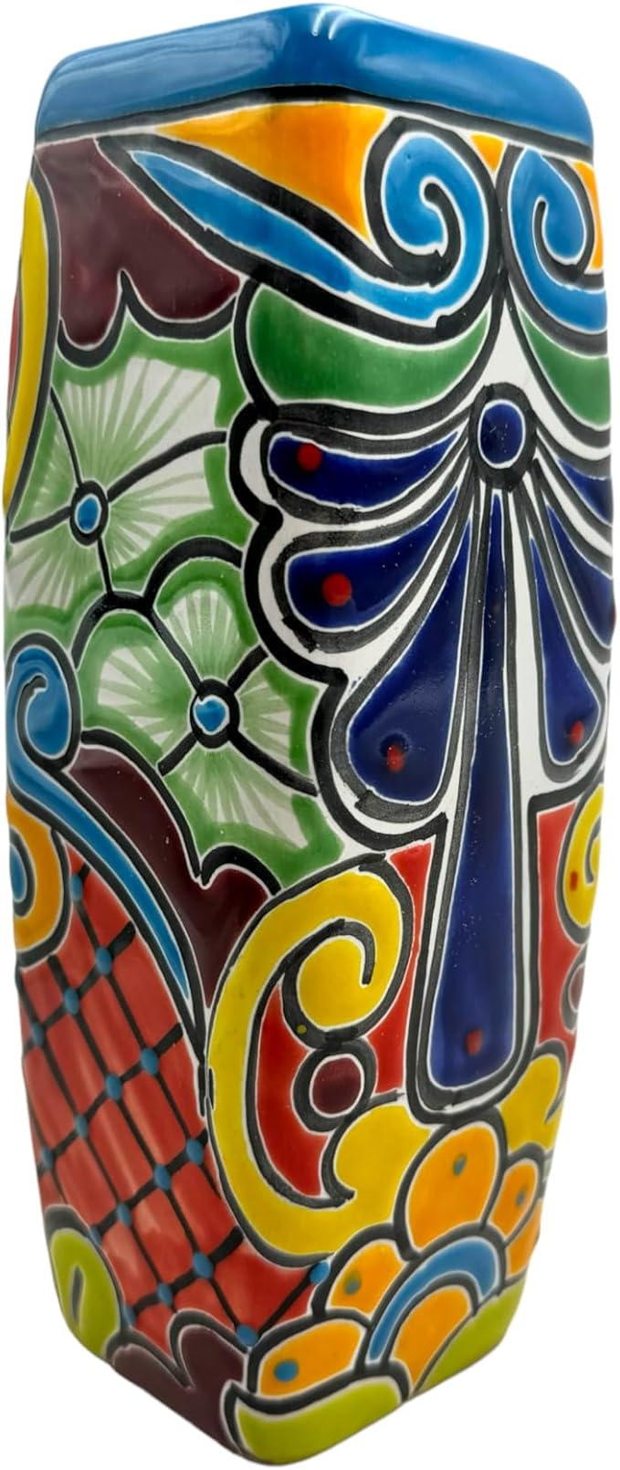 Talavera Planter Pot Square Vase Folk Art Mexican Pottery Handmade Hand Painted Home Decor Indoor Multicolor Outdoor 9.25" (Turquoise Multi)-Ruum Studio Home