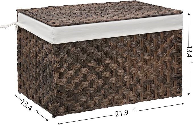 Wicker Storage Basket with Lid, 17.2 Gallon (65L) Small Blanket Basket with Lid, Woven Storage Bin with Handles, Removable Liner, Metal Frame, Foldable, for Bedroom, Laundry Room, Brown-Ruum Studio Home