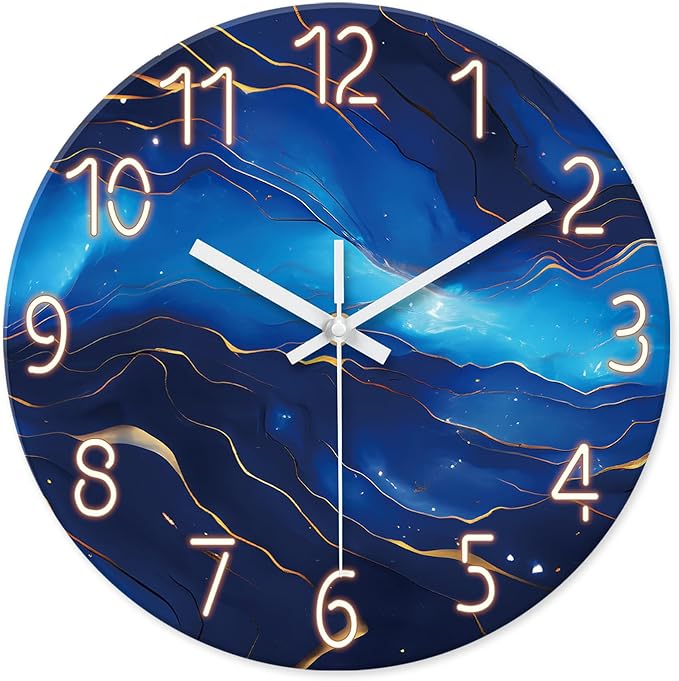 Small Wall Clocks Battery Operated 12 Inch Blue Marble Wall Clock for Kitchen Glass Analog Silent Wall Clock Non Ticking-Ruum Studio Home