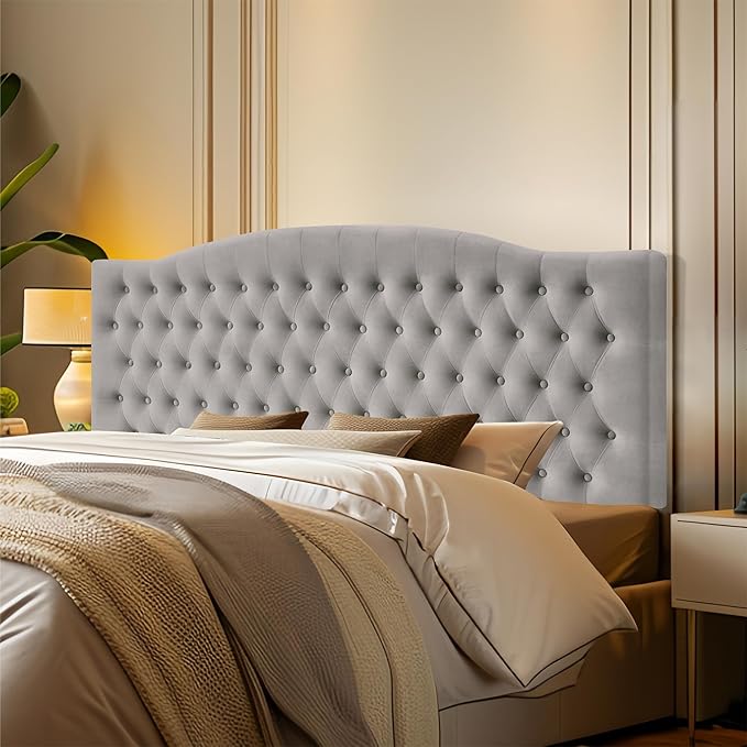 Velvet Upholstered Headboard King/Cal King Size Latest Model Wall Mount, Bed Frame Mount, Featuring High-Density Sponge Padding, Luxury Texture Easy Assembly and Style-Light Gray-Ruum Studio Home