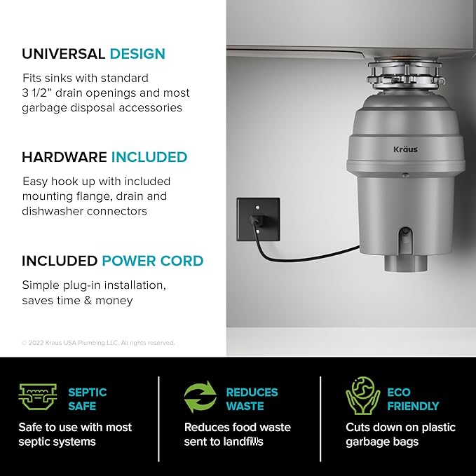 KRAUS WasteGuard High-Speed 1 HP Continuous Feed Ultra-Quiet Motor Garbage Disposal with Power Cord and Flange Included and Universal Mount, KWD200-100MGR-Ruum Studio Home