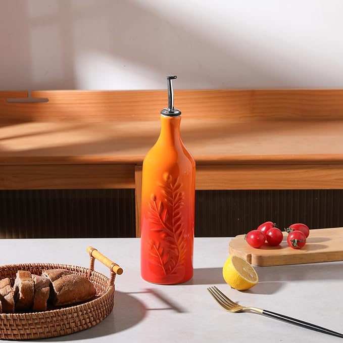 Sweejar Large Olive Oil Dispenser Bottle with Spout, 24 Oz Ceramic Oil Dispenser for Kitchen, Relief Opaque Cruet, Container for Cooking, EVOO, Vinegar, Pack of 1 (GradientOrange)-Ruum Studio Home