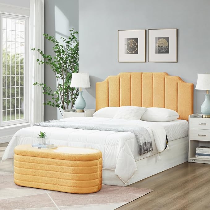 24KF Yellow Teddy Fabric Tufted for Queen Upholstered Headboard, Modern Vertical Channel Design Full Headboard with Stepped Silhouette Top Edge,6026-Q-Teddy Yellow-Ruum Studio Home