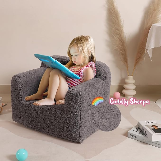 Kids Snuggly-Soft Sherpa Chair, Cuddly Toddler Foam Chair for Boys and Girls, Grey-Ruum Studio Home