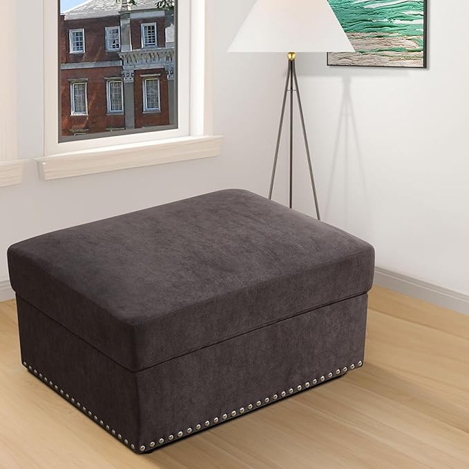 Ottoman Rectangular Storage Ottoman Bench, Flannel Footrest Stool Footstool with Lid for Living Room, Bedroom, Entryway, Brown, 33.5"x25.5"x18"-Ruum Studio Home