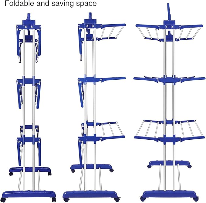 Bigzzia Clothes Drying Rack, Folding Stainless Steel Drying Rack Clothing Indoor Outdoor, Space-Saving, 4 Tier Laundry Drying Rack with Two Side Wings Grey Blue-Ruum Studio Home