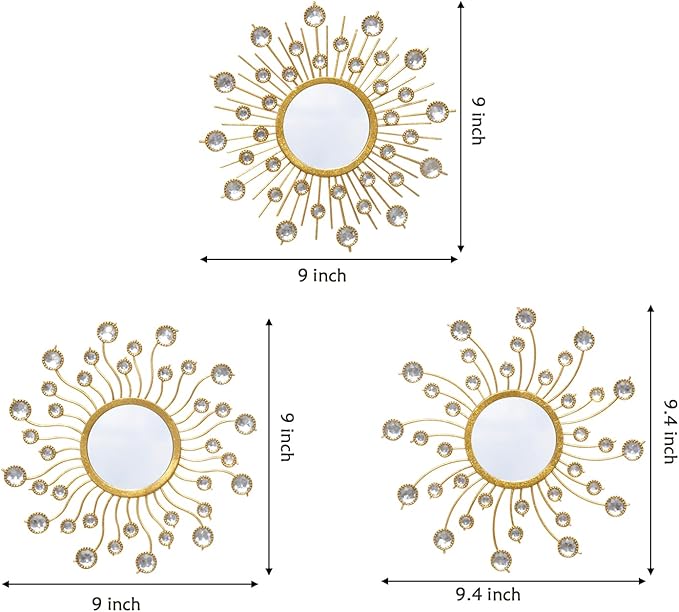Mirror Wall Decor Wall Mirrors Decorative Sunburst Boho Mirror Gold Mirror Wall Art Metal Decor Mirror Hanging Living Room Bedroom Bathroom Set of 3-Ruum Studio Home