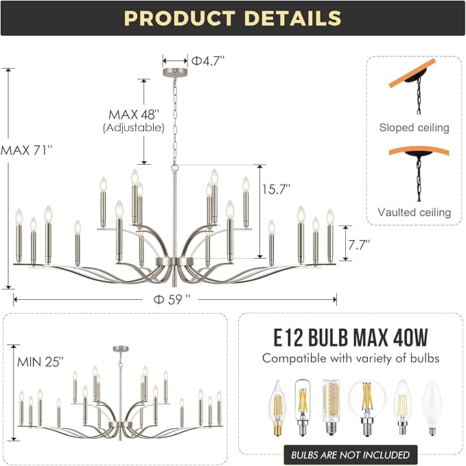 18 Light Nickel Living Room Chandelier High Ceiling Foyer Candle Chandelier Large Modern 59in Metal Chandeliers Hanging Light for Master Bedroom Dining Room Light Fixture Over Table-Ruum Studio Home