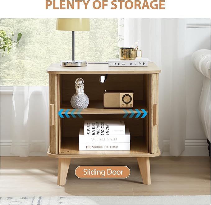 Farmhouse Square End Table with Charging Station, 24" Large Fluted Sofa Side Table with Sliding Tambour Door and Storage, Rustic Curved Wood Nightstand for Living Room, Bedroom, Natural-Ruum Studio Home