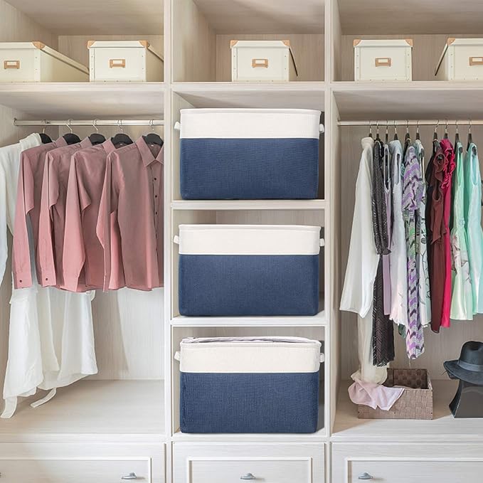 Kntiwiwo Foldable Storage Bins 15" x 10" x 9.5" Fabric Storage Basket Cube with Handles Large Linen Closet Organizer Bins for Organizing Shelf Home, Set of 3, Blue-Ruum Studio Home
