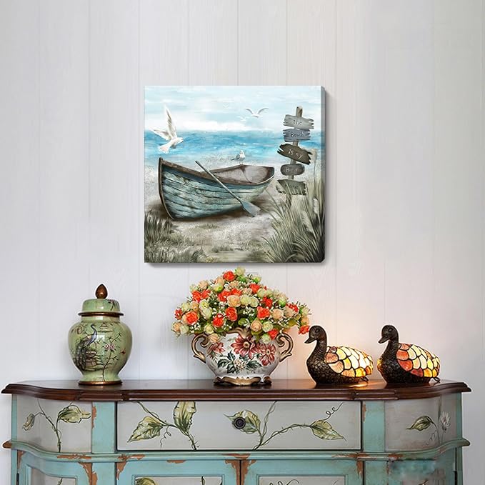 Bathroom Wall Art Coastal Décor Nautical Boat on Beach Canvas Picture Ocean Seagull Seascape Canvas Print Sea Bird Farmhouse Artwork for Seashore Bedroom Living Room Small Square Blue Teal 14x14"-Ruum Studio Home