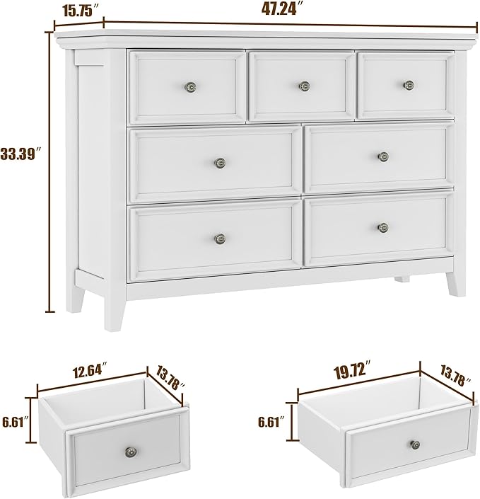 BLANKSPACE White 7 Drawer Dresser, Modern Dresser for Bedroom, Wood Drawer Organizer with Metal Knobs, Large Capacity Wood Cabinet for Bedroom-Ruum Studio Home