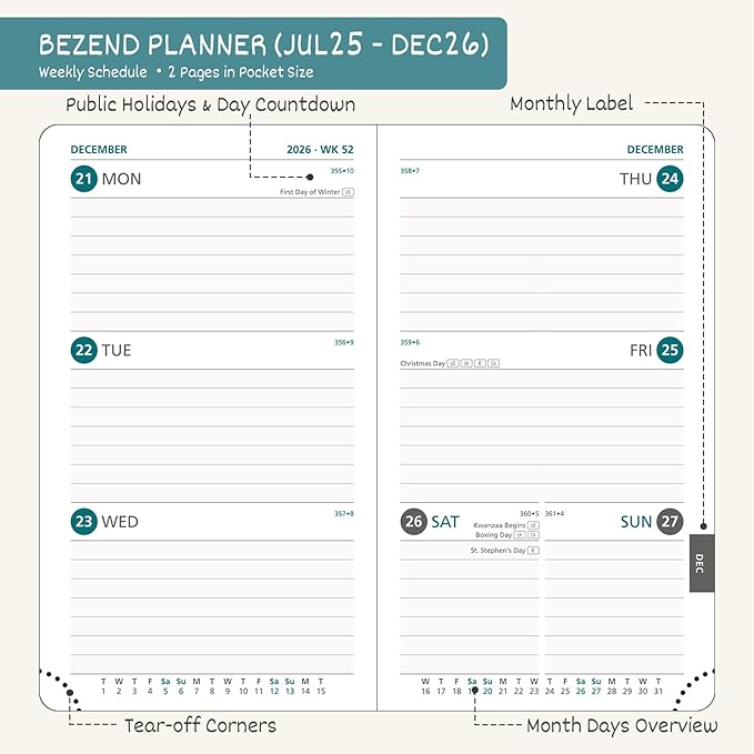 BEZEND Pocket Planner 2025-2026 Weekly and Monthly, 3.5" x 6" Academic Planner (Jul 25-Dec 26) 18-Month Mid-Year Calendar Book, Storage Pocket, Pen Holder, PU Leather Hardcover - Mint Green-Ruum Studio Home
