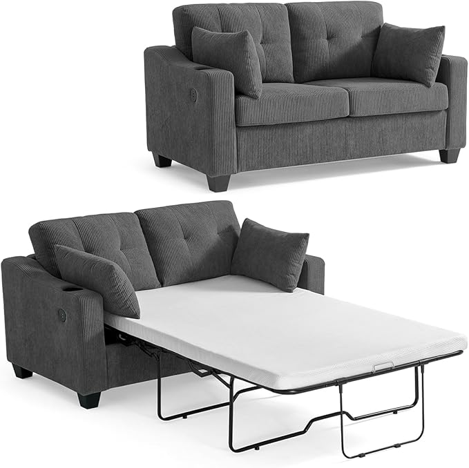 Pull Out Sofa Bed, Full Size Sleeper Sofa, 2-in-1 Convertible Corduroy Couch with USB Charging, Memory Form Couch for Living Room, Apartment and Small Space (Dark Grey, Corduroy - Full Size)-Ruum Studio Home