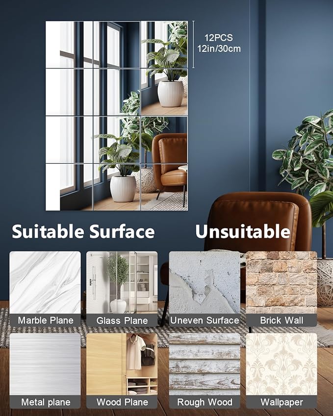 Home Gym Mirrors 12 Inch x 12Pcs Full Length Mirror Tiles Acrylic Unbreakable Wall Mounted Mirror Frameless Full Length for Home Gym, Bedroom, Door-Ruum Studio Home