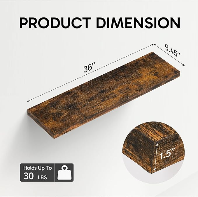 BAYKA Floating Shelves, 36" Wall Mounted Rustic Wood Shelves for Bathroom, Bedroom, Living Room, Kitchen, Office, Hanging Shelf for Books/Storage/Decor(Rustic Brown,Set of 2)-Ruum Studio Home