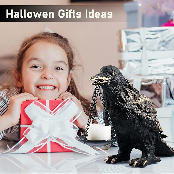 Raven Gothic Home Decor Fake Crow Light Holder Raven Lamp Tealight Candle Holder Resin Raven Statue Wearing Gold-Ruum Studio Home
