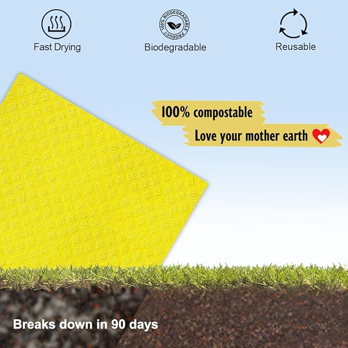 Swedish Dishcloths for Kitchen | 6 Pack Absorbent Cellulose Sponge Cloths Washable | Non-Scratch Reusable Paper Towels Quick Drying Cleaning Cloths - Yellow-Ruum Studio Home