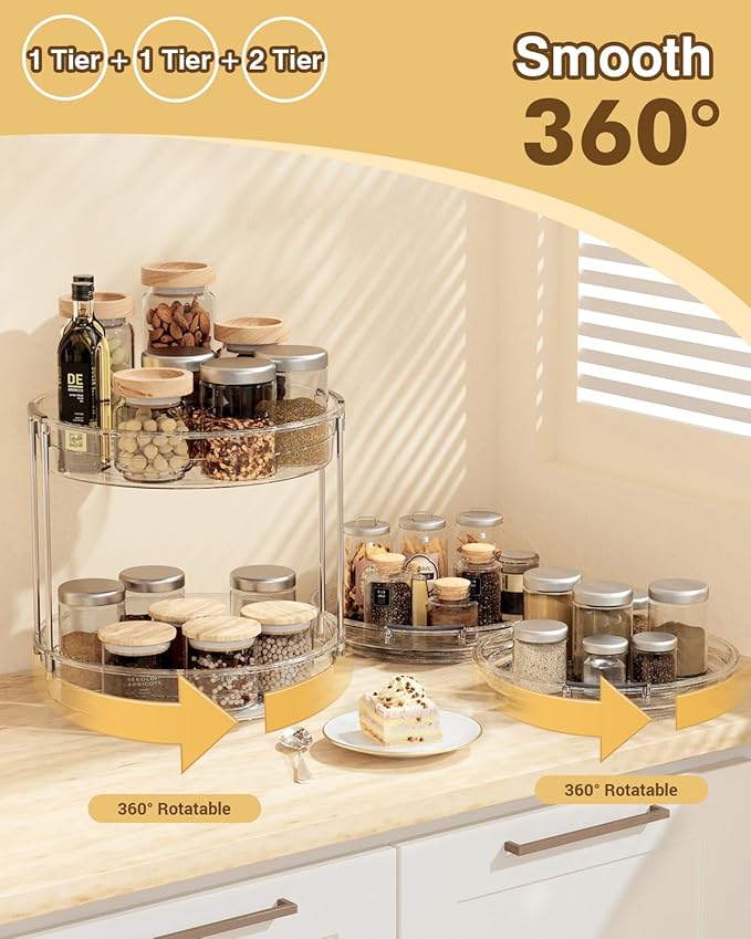 2 Pack Lazy Susan Organizer 9.25''and 11.81'' Two-Tier Lazy Susan Turntable for Cabinet, Spice Rack, and Pantry Storage - Spinning Makeup Organizer for Bathroom, Clear-Ruum Studio Home