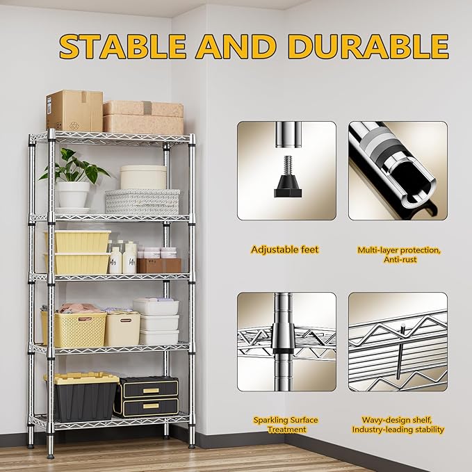 1250 lbs 5 Tier Shelf Metal Storage Shelves Shelving Wire Rack Heavy Duty Closet Organizers for Garage Kitchen Bathroom Laundry Chrome 13.8" D x 29.5" W x 59.5" H-Ruum Studio Home