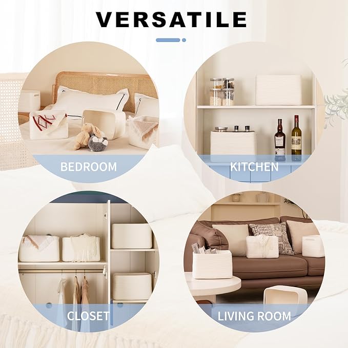 4 Pack Storage Baskets for Organizing, Woven Baskets for Shelves - Perfect for Toys, Books, Towels, and Clothes, Durable Gift Basket Bins Toy Storage, 12.7''L x9''W x7.8''H, White-Ruum Studio Home