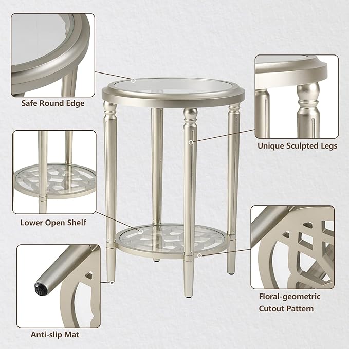 COSIEST Round Side Table, End Table Glass with Wood Frame, Champagne Gold Bedside Table with Modern Style for Living Room, Balcony, Bedroom-Ruum Studio Home