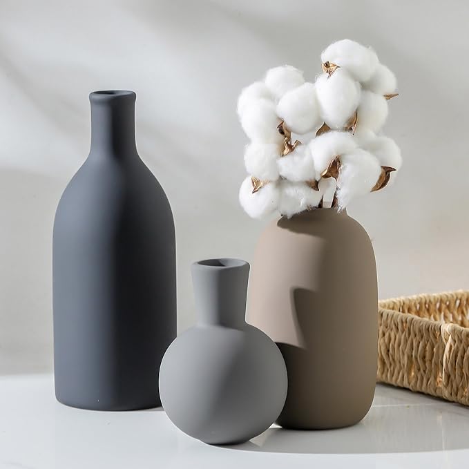 Ceramic Vase Set of 3, Rustic Farmhouse Vases Home Decor Pottery Pampas Vase Decoration Modern Neutral Flowers Vases for Room Decor, Entryway, Living Room, Table, Kitchen, Bedroom - Multicolor-Ruum Studio Home
