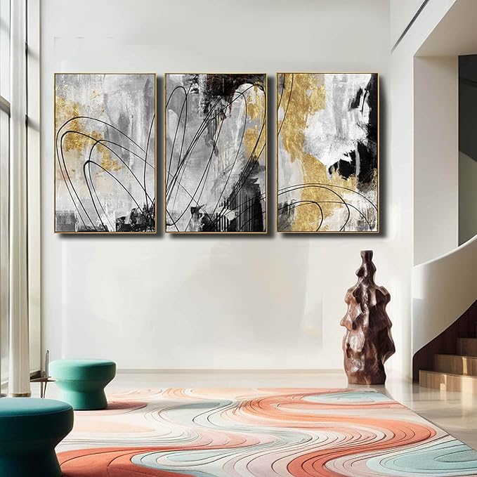 YJYart Gold Wall Art Abstract Wall Art Living Room Decor Black and White Canvas Picture Home Decor Wooden Frame Line Paintings Modern Artwork Office Decor 24"x 36"x 3 Pieces-Ruum Studio Home