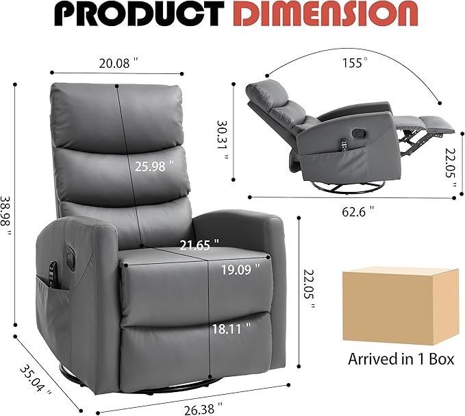 Manual Swivel Rocker Recliner Chair for Adults, Overstuffed Reclining Glider Chair for Nursing with Vibration Massage & Heat, Living Room Rocking Recliner 3-Stage backrest, Faux Leather Gray-Ruum Studio Home