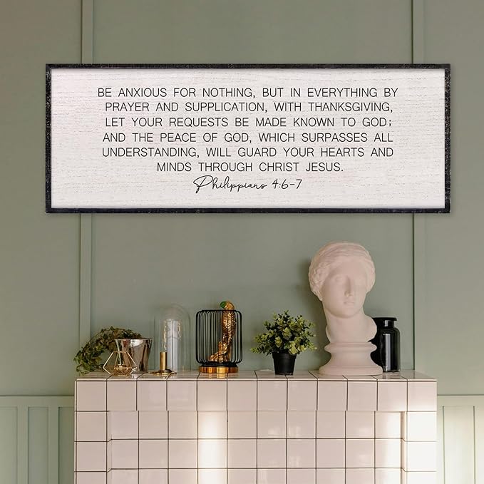 LuZhiQiang Be Anxious for Nothing Wall Decor 32"×12" Philippians 4:6-7 Bible Verse Sign Large Christian Scripture Wood Framed Hanging Decor (Black)-Ruum Studio Home