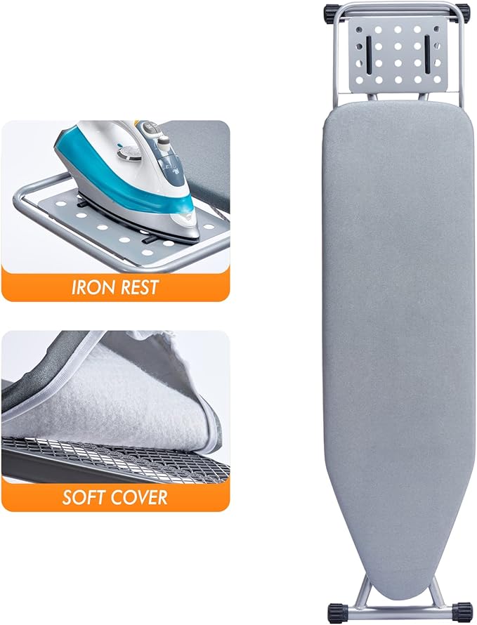 Ironing Board, Heat Resistant Cover Iron Board with Steam Rest, Non-Slip Foldable Ironing Stand. Heavy Sturdy Metal Frame Legs Iron Stand(13 * 34 * 53 Inches) (Silver Gray)-Ruum Studio Home