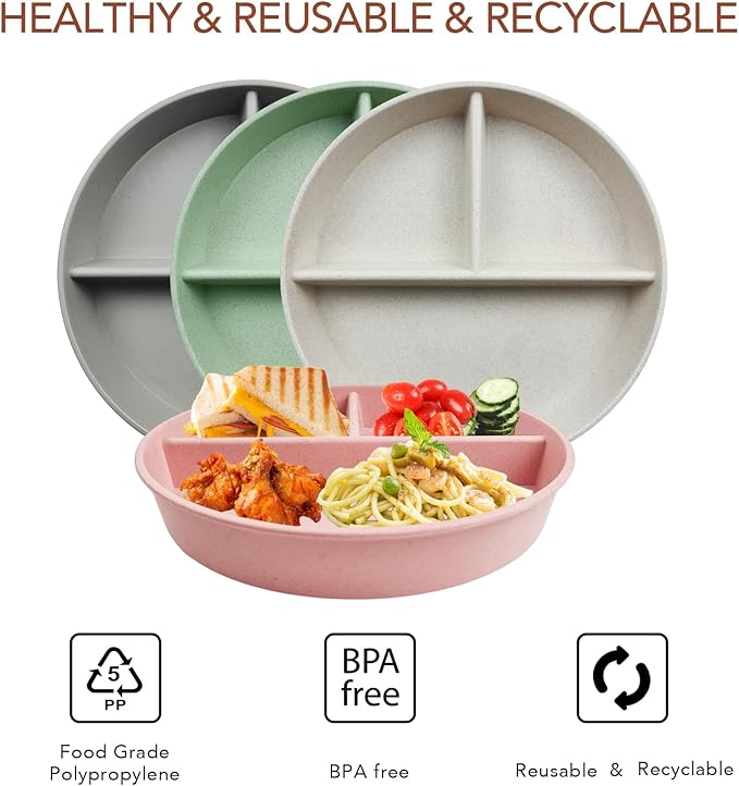 greenandlife 9 Inch 4PCS Divided Plates with Lids, Portion Control Plates for Kids Adults, Dishwasher Microwave Safe Compartment Plate, Unbreakable Lightweight Reusable Wheat Straw Plate Set, INS-Ruum Studio Home