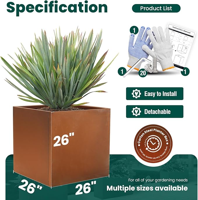 Corten Steel Planter Box Metal Square Planters Steel Large Planter Outdoor Tall Plant Durable Antique Detached for Commercial Residential Patio Deck and Backyard 26 Inch-Ruum Studio Home