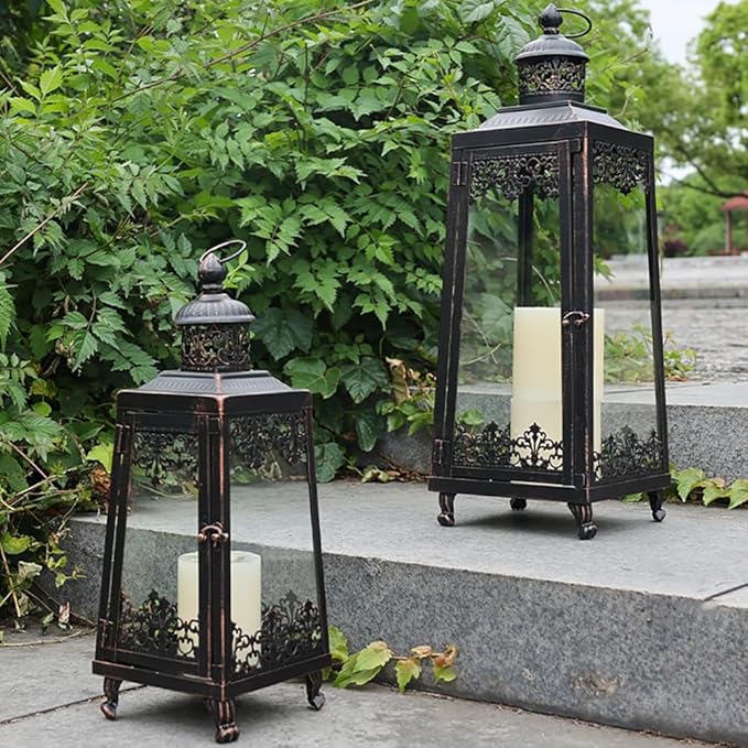 NEEDOMO Lanterns Decorative Outdoor & Indoor, Set of 2 Outdoor Lanterns for Porch,Large Candle Lantern, Bronze Metal Frame with Glass for Fall, Christmas-Ruum Studio Home