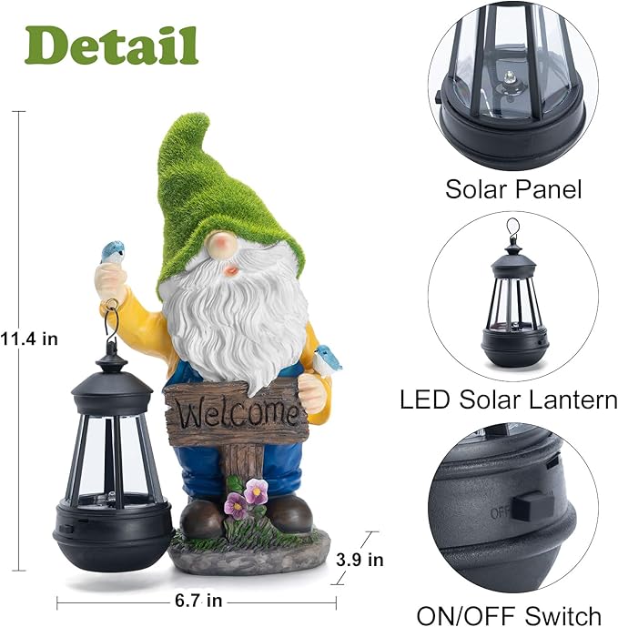 Garden Gnome Outdoor Statues with Solar Lights,Resin Flocked Solar Gnome Statue Holding Lantern,Outdoor Gnomes Decorations for Garden, Patio Gnome Gifts for Mom-Ruum Studio Home