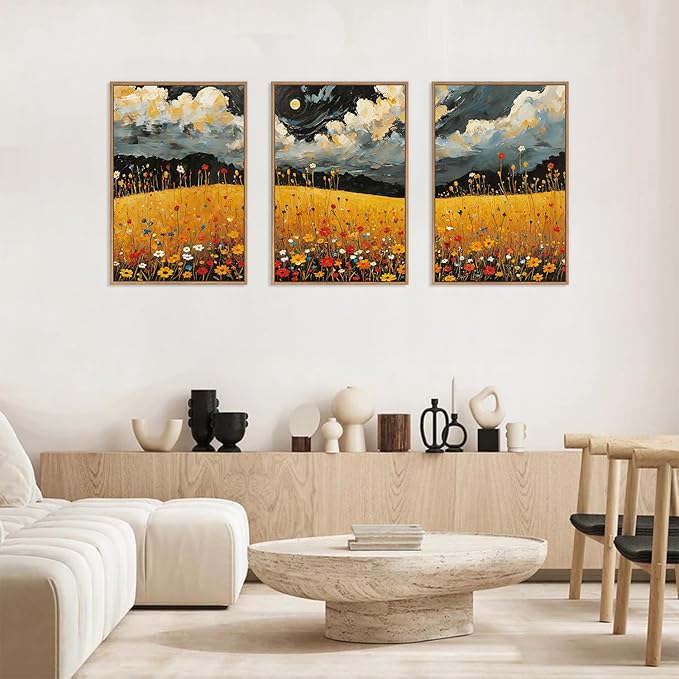 HLNIUC Mystical Moonlight Framed Wall Art Set,Night Moon Wildflower Canvas Wall Decor,Full Moon Mountain Flower Art Print,Large Golden Floral Landscape Wall Painting for Living Room,Office - 16”x24”x3-Ruum Studio Home
