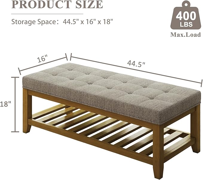 Large Rectangular Upholstered Ottoman Bench, Linen Tufted Footrest Ottoman with Solid Wood Shelf Storage Coffee Table for Bedroom Living Room, Linen-Ruum Studio Home