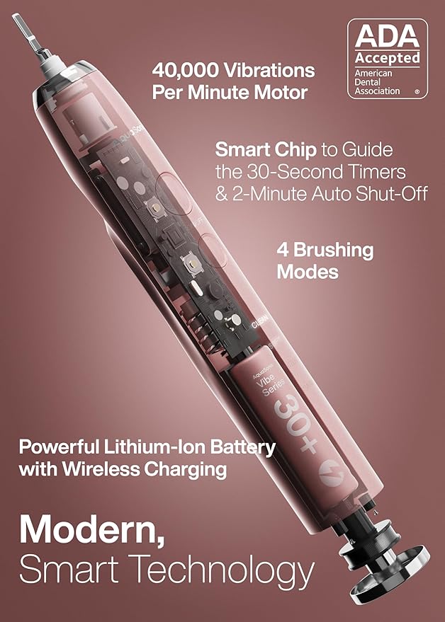 Aquasonic Vibe Series Ultra-Whitening Toothbrush – ADA Accepted Electric Toothbrush - 8 Brush Heads & Travel Case – 40,000 VPM Motor & Wireless Charging - 4 Modes w Smart Timer – Satin Rose Gold-Ruum Studio Home
