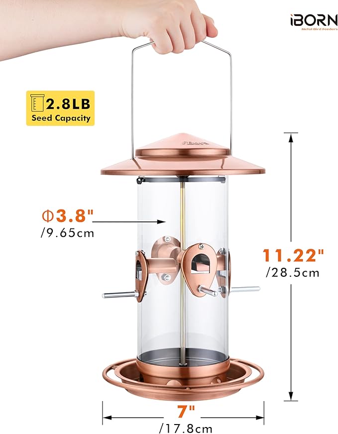 iBorn Metal Bird Feeder for Outside Hanging,Wild Bird Feeders for Cardinal,18cm Large Roof&Tray Brushed Copper 10 Port(Seed is not Included)-Ruum Studio Home