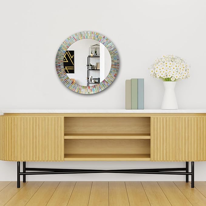 Bohemian Rainbow Wall Mirror -Glass Mosaic Mirror Decorative Wall Mirror, Multi Color Spectrum Wall Mountable, 24" Multi-Color Round Framed Mirror-Ruum Studio Home