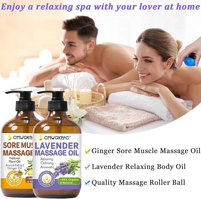 Massage Oil for Massage Therapy,Lymphatic Drainage-Ginger Oil Sore Muscle Arnica Oil &Lavender Oil Relaxing Massage Oils for Date Night,Massage Ball,Fathers Day Gift for Husband,Men, Gifts for Him Her-Ruum Studio Home