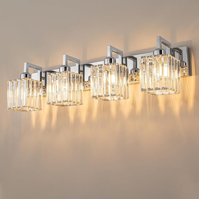 Modern Bathroom Vanity Light 4-Lights Chrome Crystal Wall Lamp Bathroom Modern Crystal Vanity Lighting-Ruum Studio Home